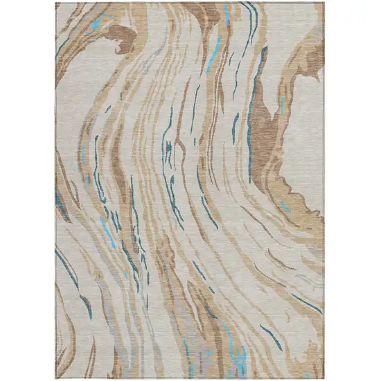 Beige Teal Blue And Ivory Abstract Washable Indoor Outdoor Area Rug Photo 8