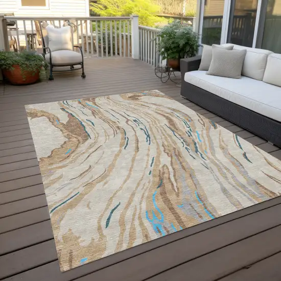 Beige Teal Blue And Ivory Abstract Washable Indoor Outdoor Area Rug Photo 9