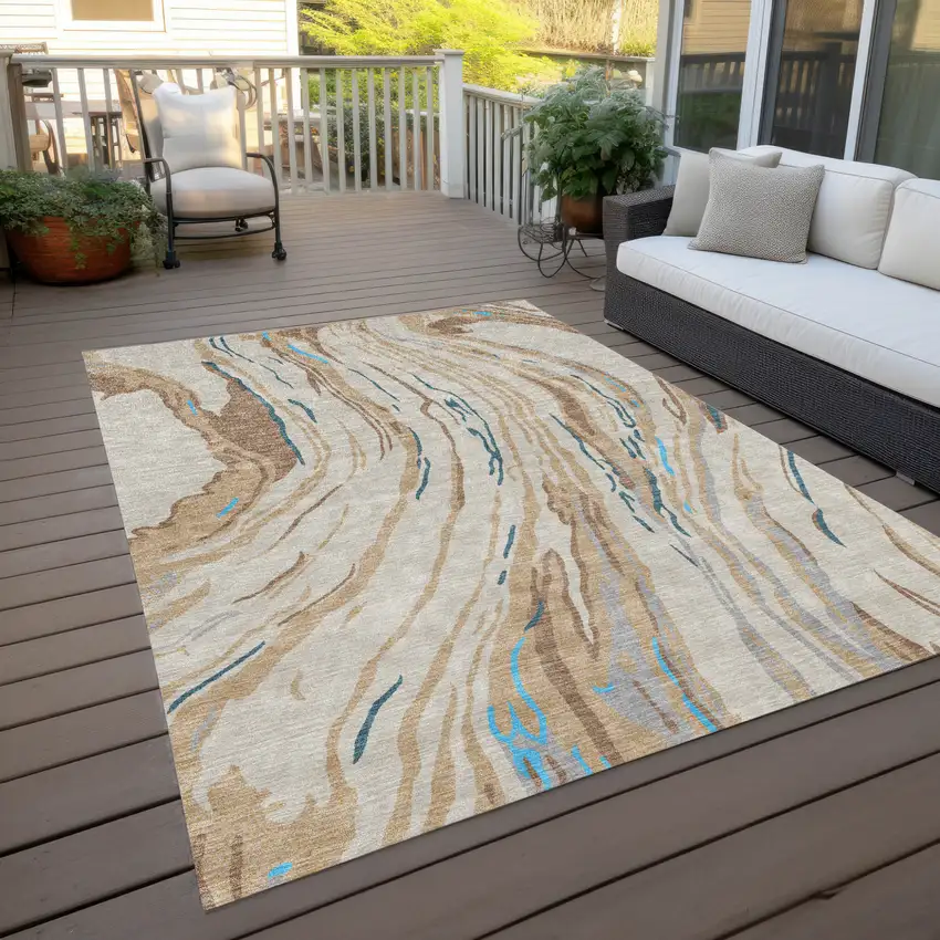 Beige Teal Blue And Ivory Abstract Washable Indoor Outdoor Area Rug Photo 9