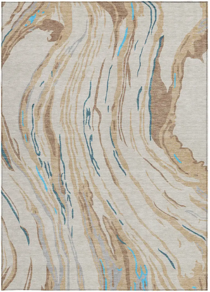 Beige Teal Blue And Ivory Abstract Washable Indoor Outdoor Area Rug Photo 8