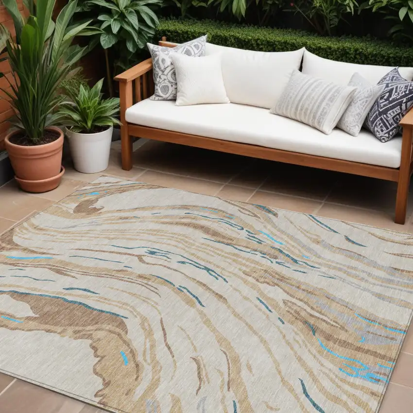 Beige Teal Blue And Ivory Abstract Washable Indoor Outdoor Area Rug Photo 1