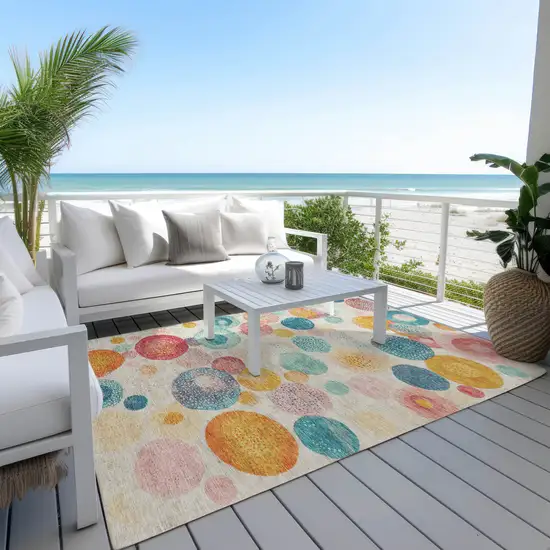 Beige Teal Blue And Orange Geometric Washable Indoor Outdoor Area Rug Photo 5