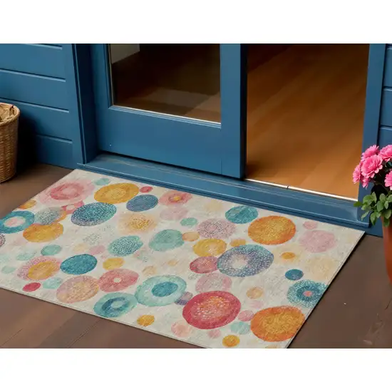 Beige Teal Blue And Orange Geometric Washable Indoor Outdoor Area Rug Photo 2