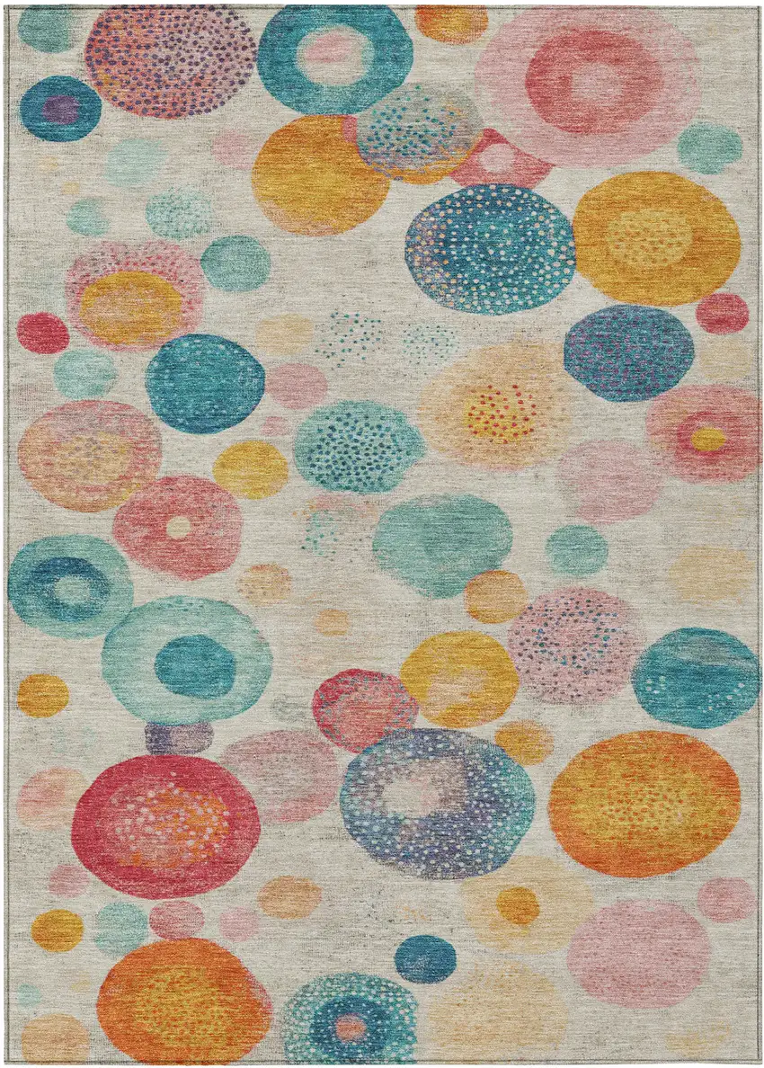 Beige Teal Blue And Orange Geometric Washable Indoor Outdoor Area Rug Photo 1