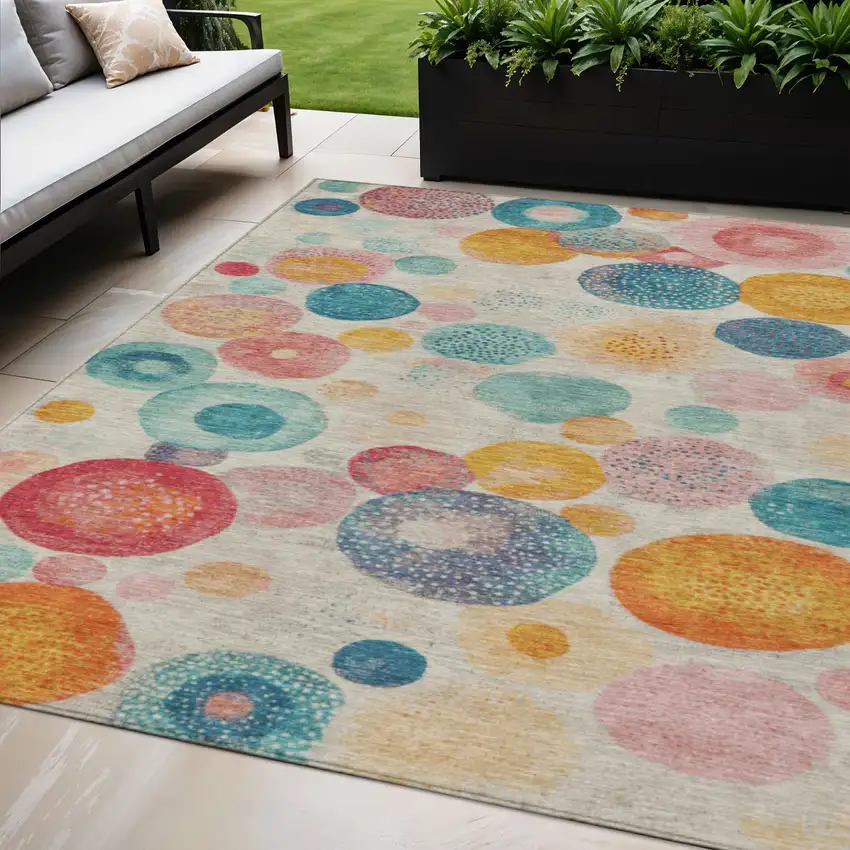 Beige Teal Blue And Orange Geometric Washable Indoor Outdoor Area Rug Photo 2