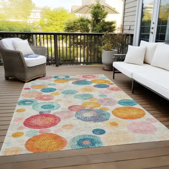 Beige Teal Blue And Orange Geometric Washable Indoor Outdoor Area Rug Photo 8
