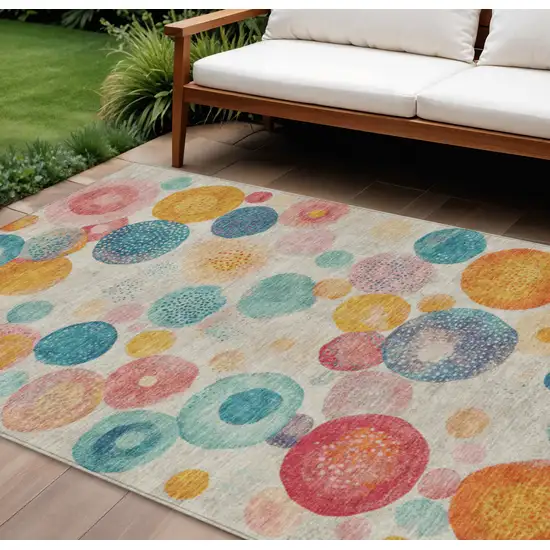 Beige Teal Blue And Orange Geometric Washable Indoor Outdoor Area Rug Photo 2