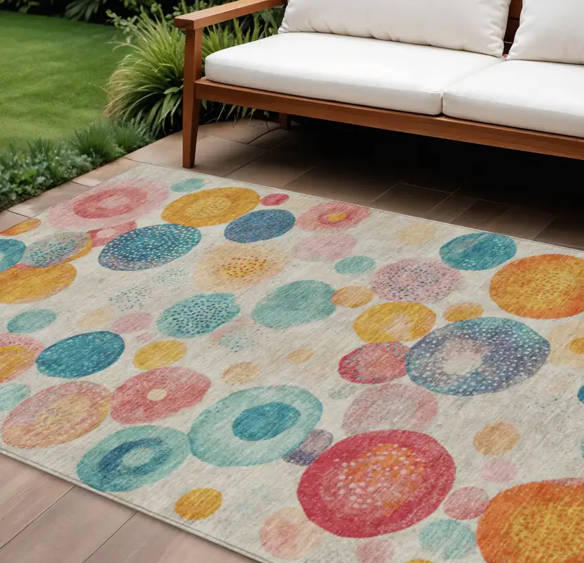 Beige Teal Blue And Orange Geometric Washable Indoor Outdoor Area Rug Photo 2