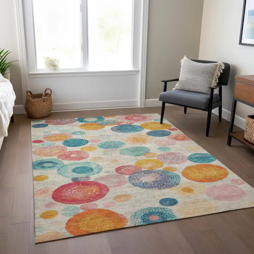 Beige Teal Blue And Orange Geometric Washable Indoor Outdoor Area Rug Photo 7