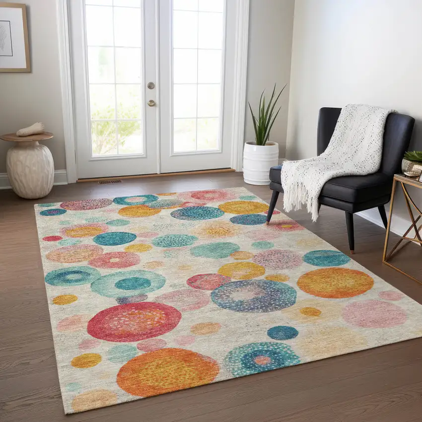 Beige Teal Blue And Orange Geometric Washable Indoor Outdoor Area Rug Photo 6