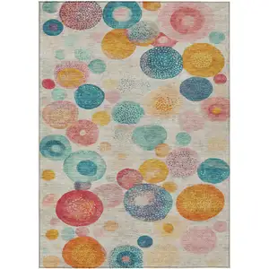 Photo of Beige Teal Blue And Orange Geometric Washable Indoor Outdoor Area Rug