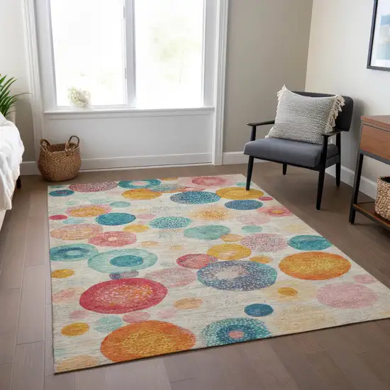 Beige Teal Blue And Orange Geometric Washable Indoor Outdoor Area Rug Photo 7