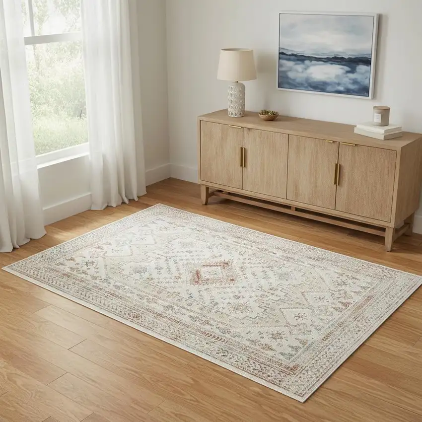 Beige Teal Blue And Orange Oriental Non Skid Area Rug Photo 1