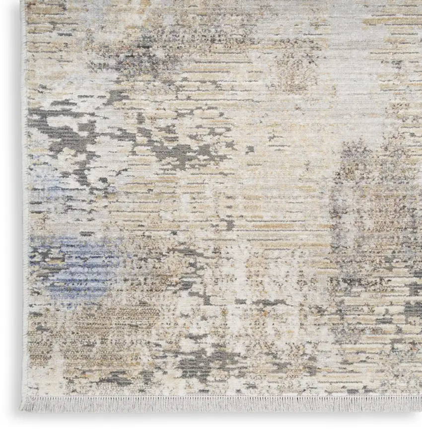 Beige Teal Blue and Gray Abstract Area Rug With Fringe Photo 6