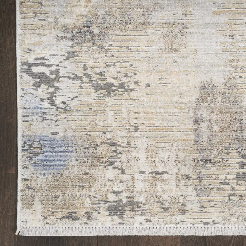 Beige Teal Blue and Gray Abstract Area Rug With Fringe Photo 4