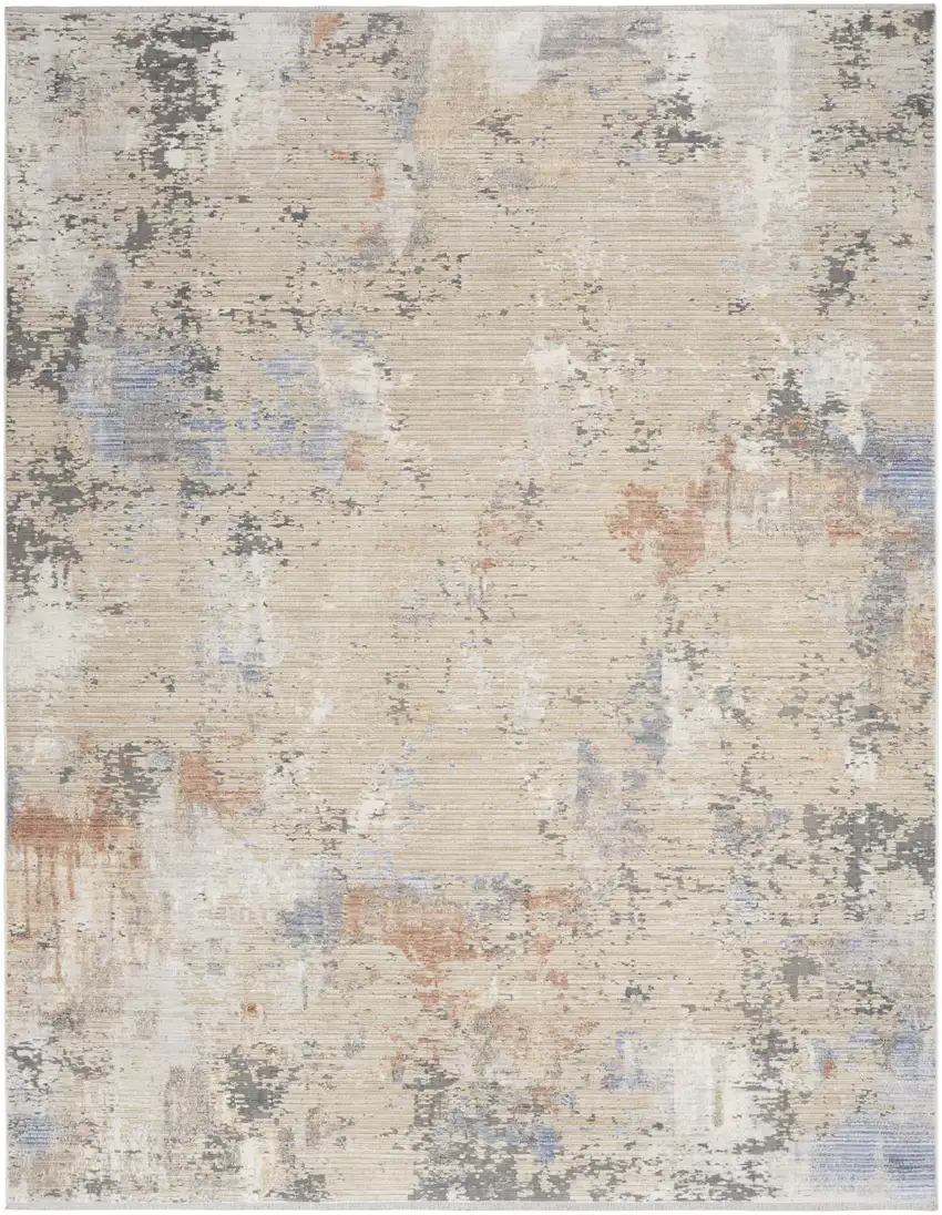 Beige Teal Blue and Gray Abstract Area Rug With Fringe Photo 2