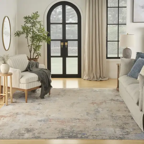 Beige Teal Blue and Gray Abstract Area Rug With Fringe Photo 9