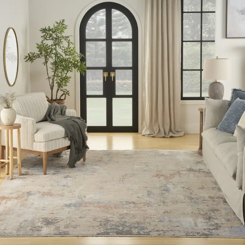 Beige Teal Blue and Gray Abstract Area Rug With Fringe Photo 9