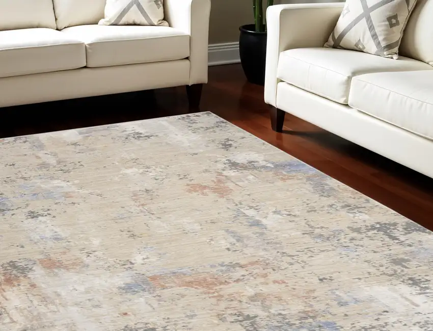 Beige Teal Blue and Gray Abstract Area Rug With Fringe Photo 1