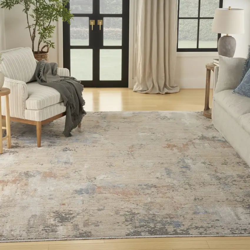 Beige Teal Blue and Gray Abstract Area Rug With Fringe Photo 7