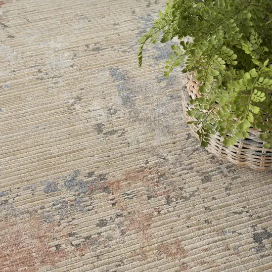 Beige Teal Blue and Gray Abstract Area Rug With Fringe Photo 8