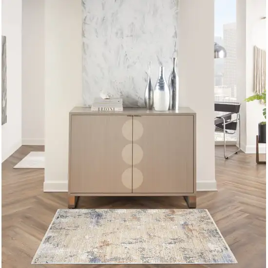 Beige Teal Blue and Gray Abstract Area Rug With Fringe Photo 7