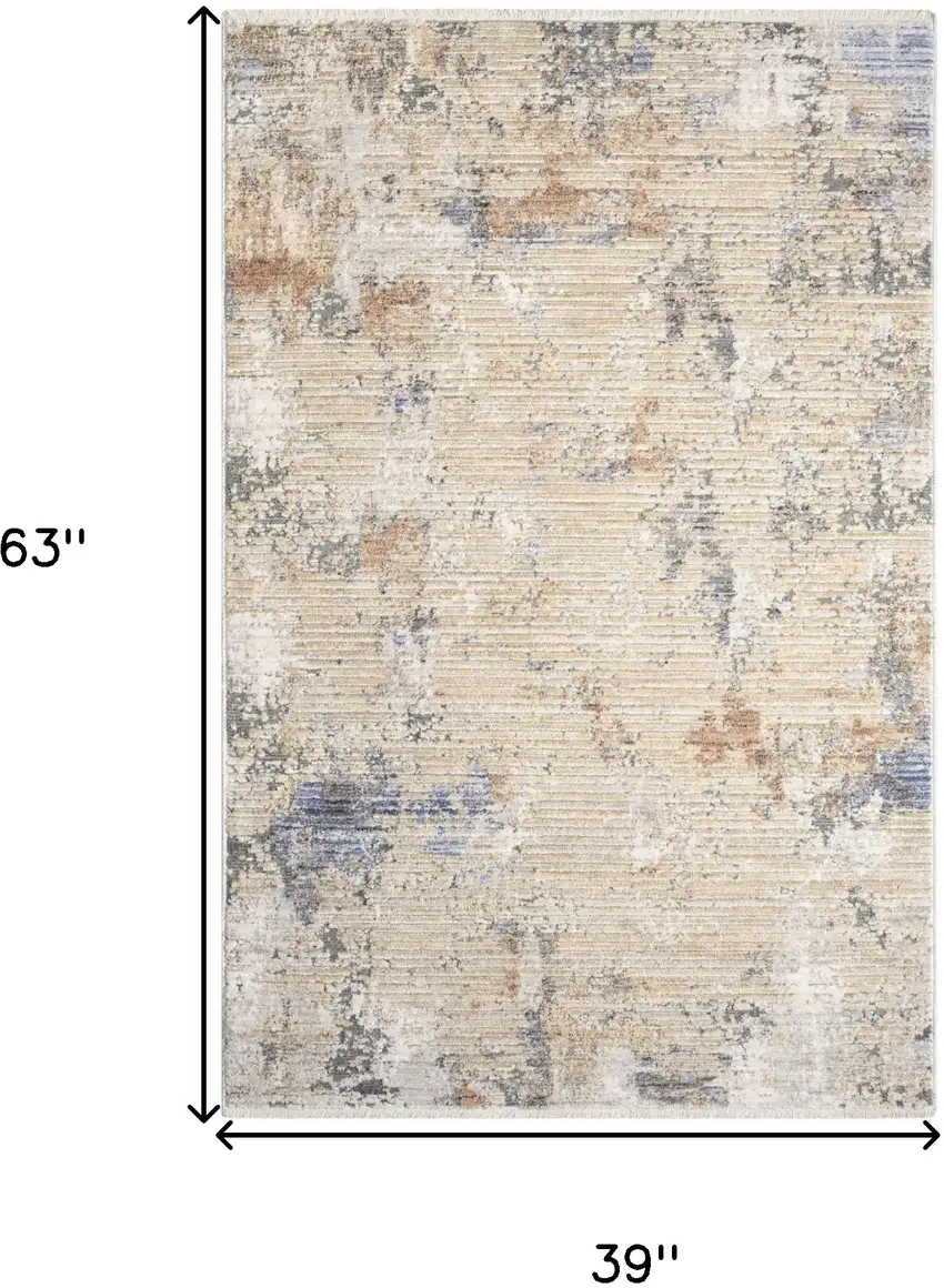 Beige Teal Blue and Gray Abstract Area Rug With Fringe Photo 3