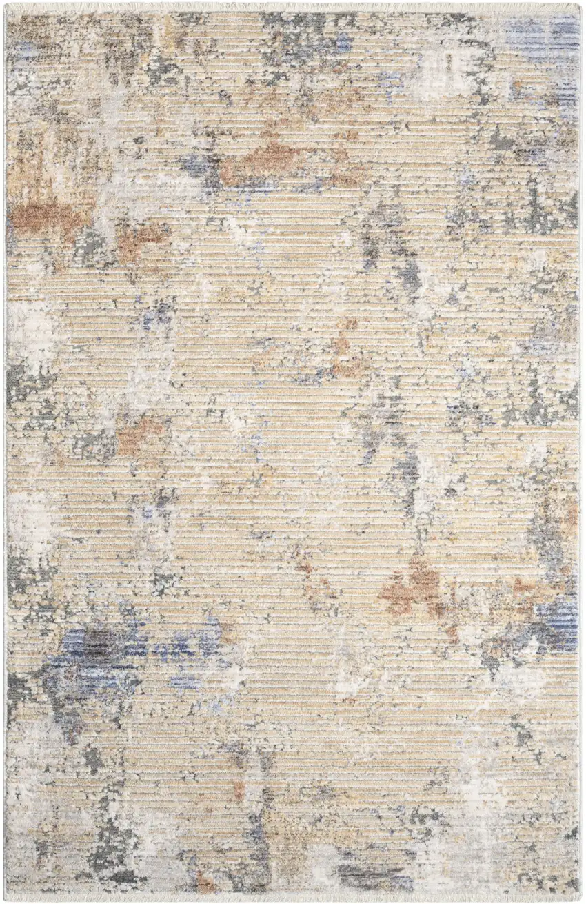 Beige Teal Blue and Gray Abstract Area Rug With Fringe Photo 1