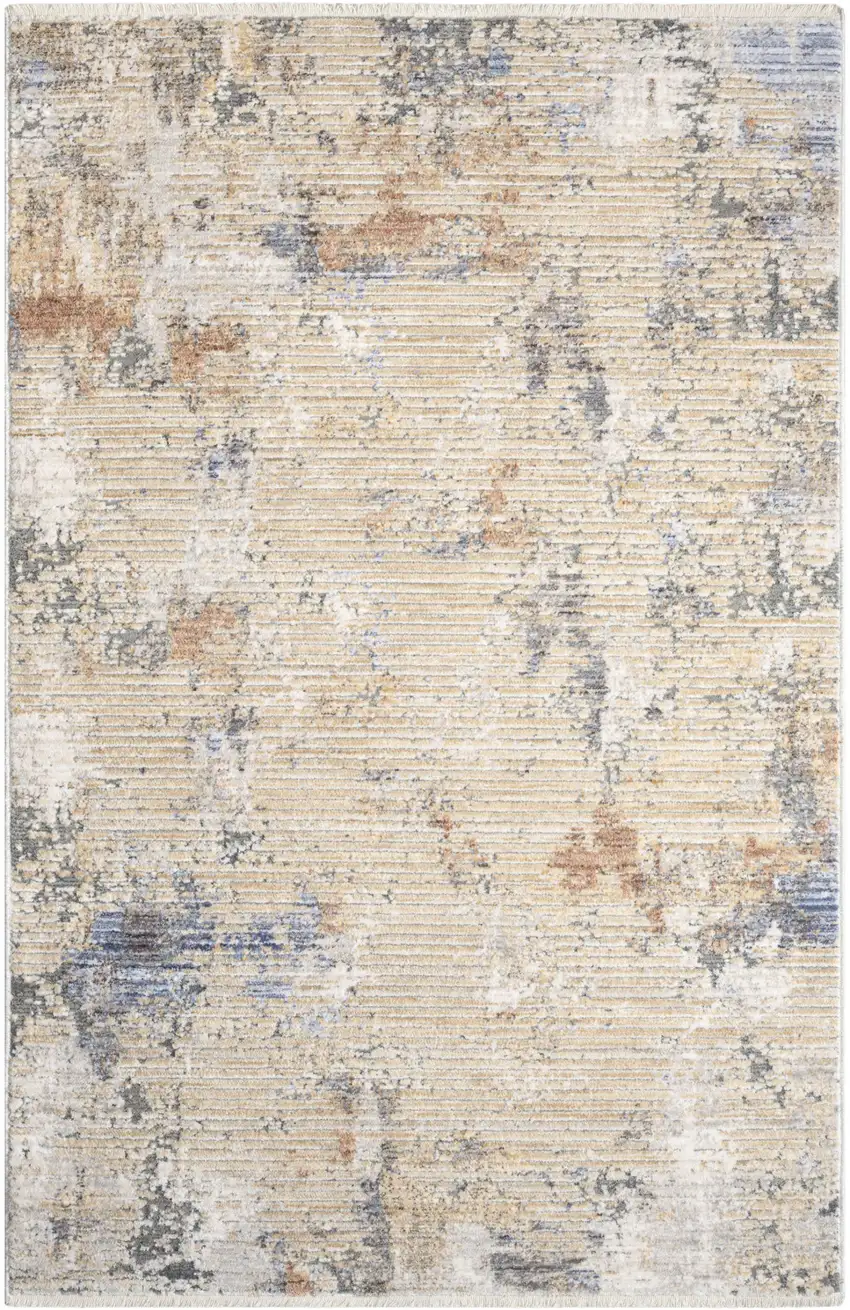 Beige Teal Blue and Gray Abstract Area Rug With Fringe Photo 2