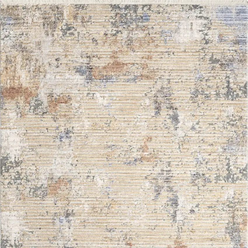 Beige Teal Blue and Gray Abstract Area Rug With Fringe Photo 6