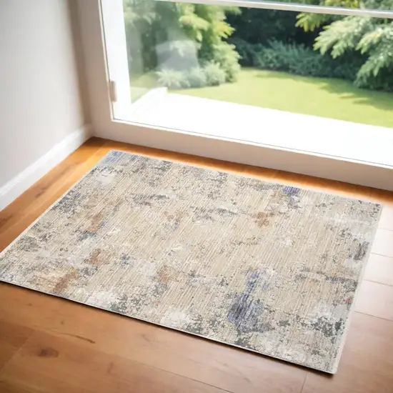 Beige Teal Blue and Gray Abstract Area Rug With Fringe Photo 1