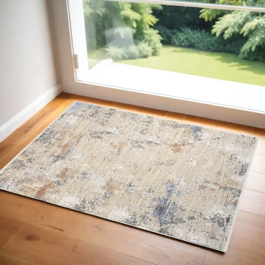 Beige Teal Blue and Gray Abstract Area Rug With Fringe Photo 1
