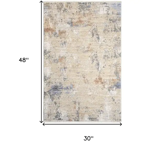Beige Teal Blue and Gray Abstract Area Rug With Fringe Photo 3