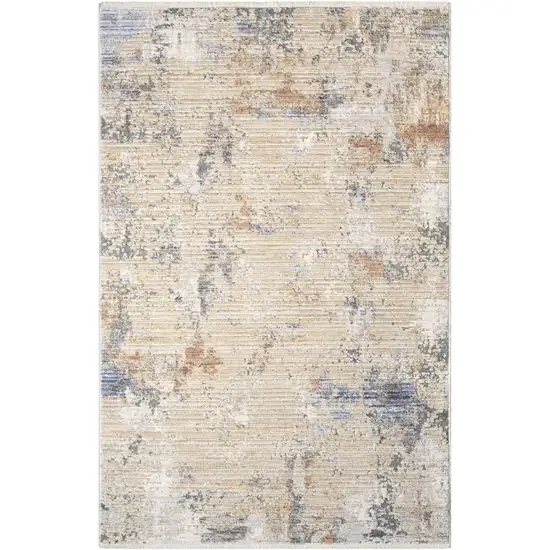 Beige Teal Blue and Gray Abstract Area Rug With Fringe Photo 5