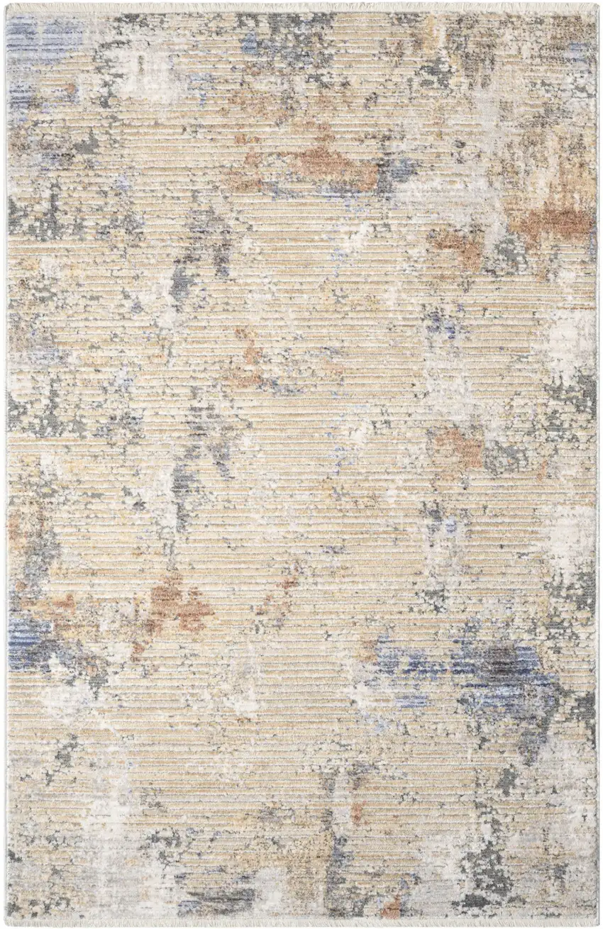 Beige Teal Blue and Gray Abstract Area Rug With Fringe Photo 5