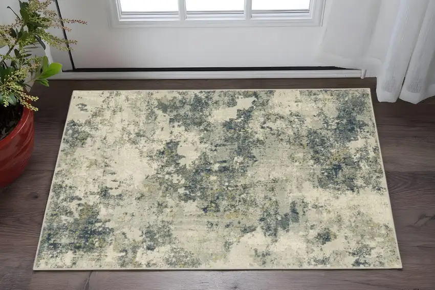 Beige Teal Grey And Gold Abstract Power Loom Stain Resistant Area Rug Photo 1