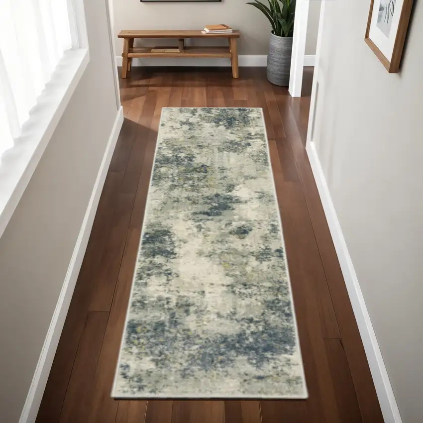 2' X 8' Beige Teal Grey And Gold Abstract Power Loom Stain Resistant Runner Rug Photo 1