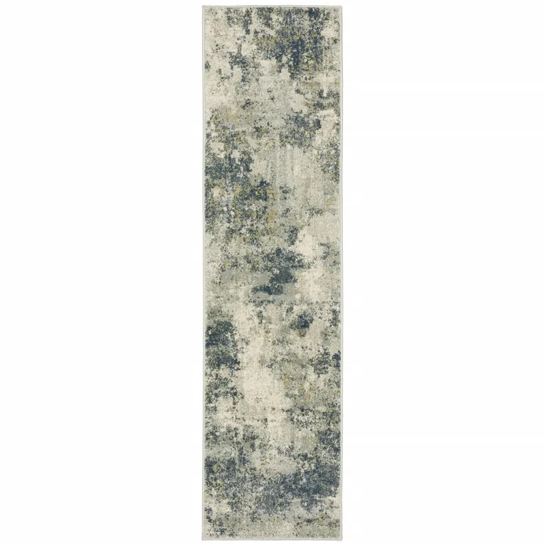 Beige Teal Grey And Gold Abstract Power Loom Stain Resistant Runner Rug Photo 1