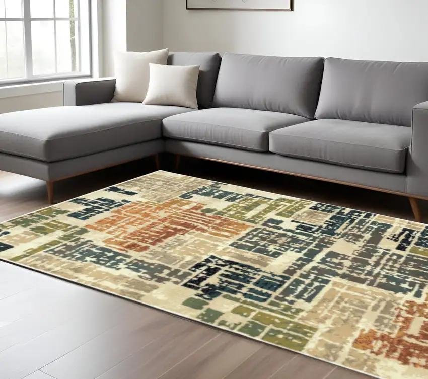 Beige Terracotta Green Navy And Grey Abstract Power Loom Stain Resistant Area Rug Photo 2