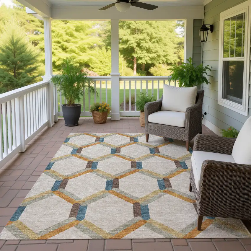 Beige Wheat And Blue Geometric Washable Indoor Outdoor Area Rug Photo 9