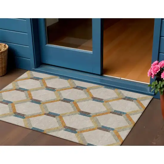 Beige Wheat And Blue Geometric Washable Indoor Outdoor Area Rug Photo 1