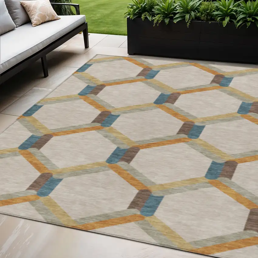 Beige Wheat And Blue Geometric Washable Indoor Outdoor Area Rug Photo 1