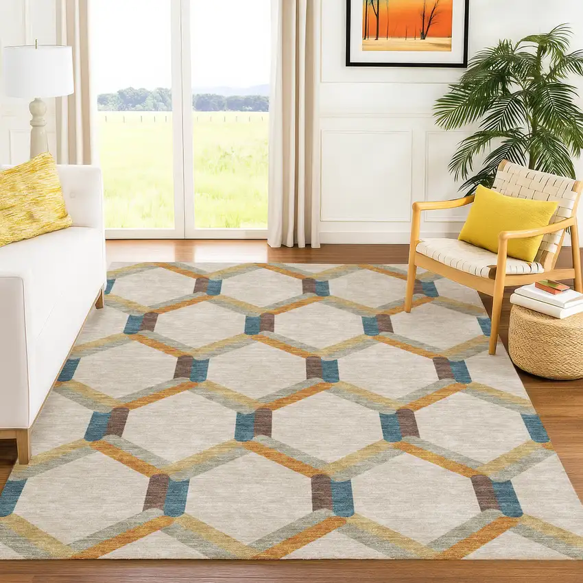 Beige Wheat And Blue Geometric Washable Indoor Outdoor Area Rug Photo 9