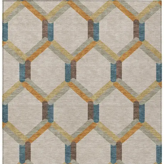 Beige Wheat And Blue Geometric Washable Indoor Outdoor Area Rug Photo 7
