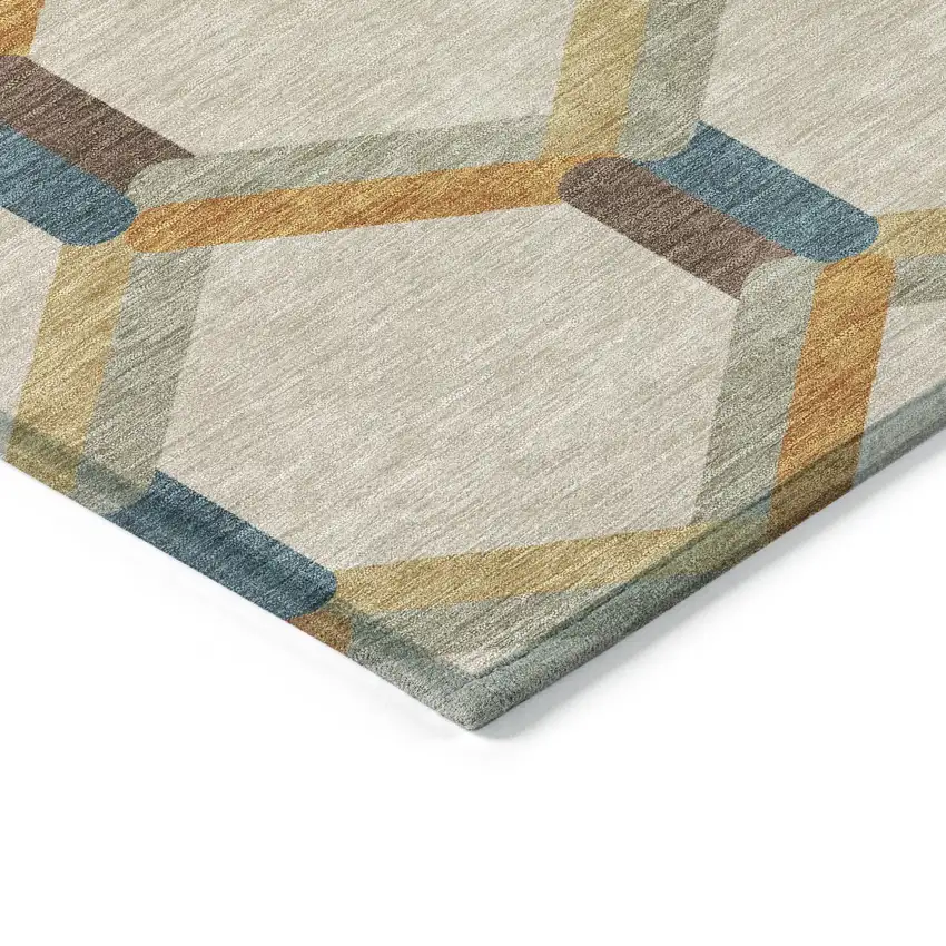 Beige Wheat And Blue Geometric Washable Indoor Outdoor Area Rug Photo 6