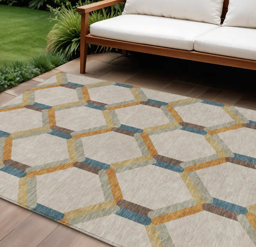 Beige Wheat And Blue Geometric Washable Indoor Outdoor Area Rug Photo 1