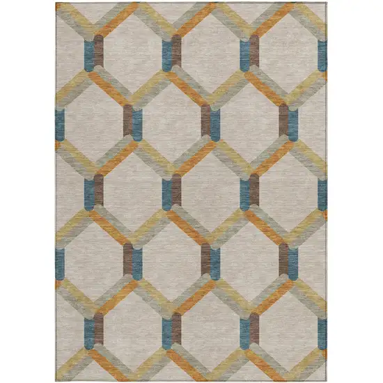 Beige Wheat And Blue Geometric Washable Indoor Outdoor Area Rug Photo 4