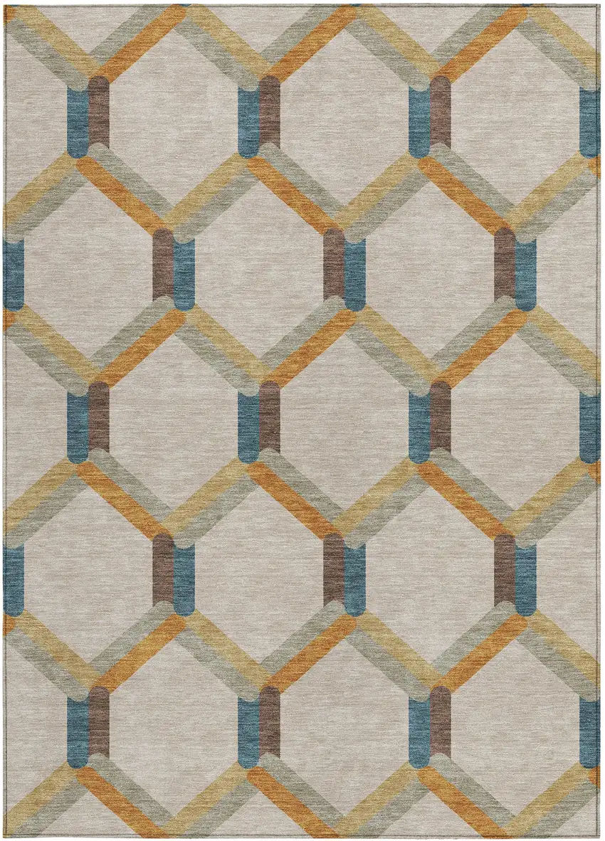 Beige Wheat And Blue Geometric Washable Indoor Outdoor Area Rug Photo 4