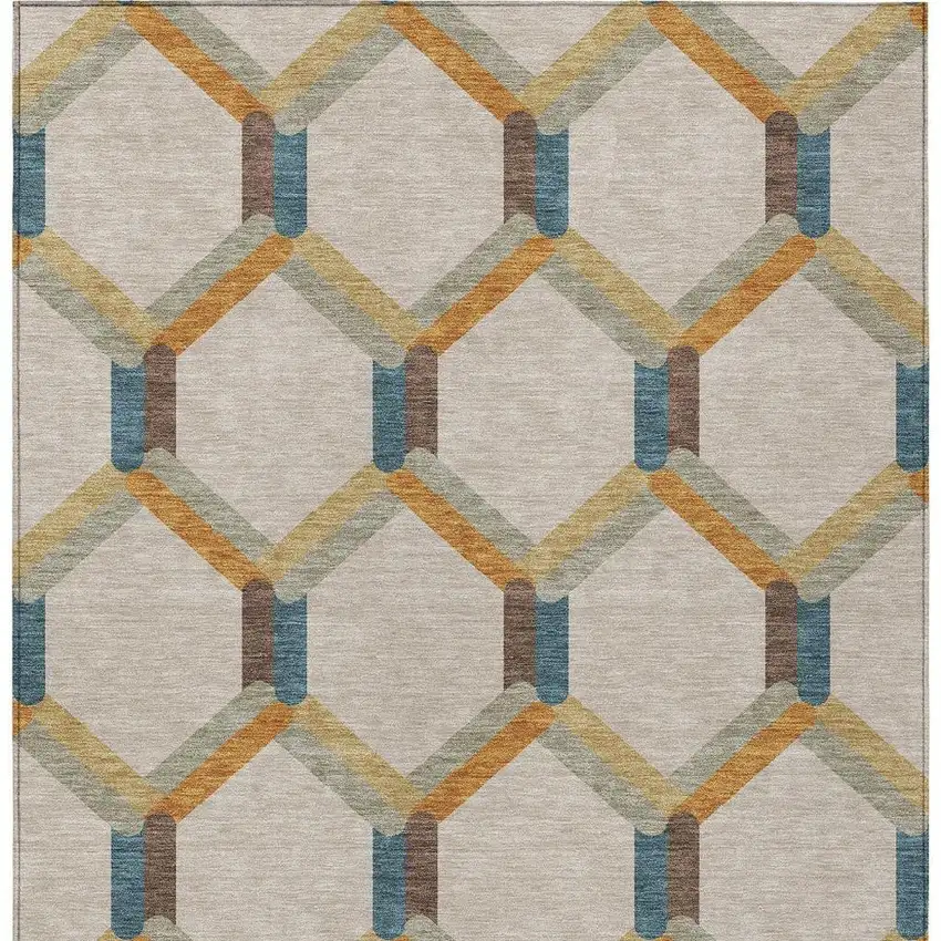 Beige Wheat And Blue Geometric Washable Indoor Outdoor Area Rug Photo 6