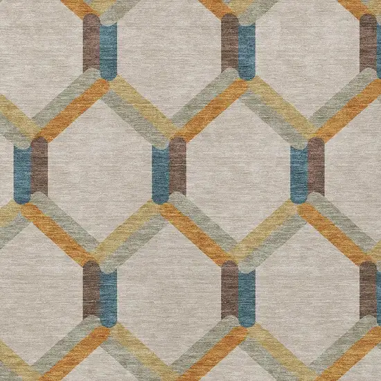 Beige Wheat And Blue Geometric Washable Indoor Outdoor Area Rug Photo 7